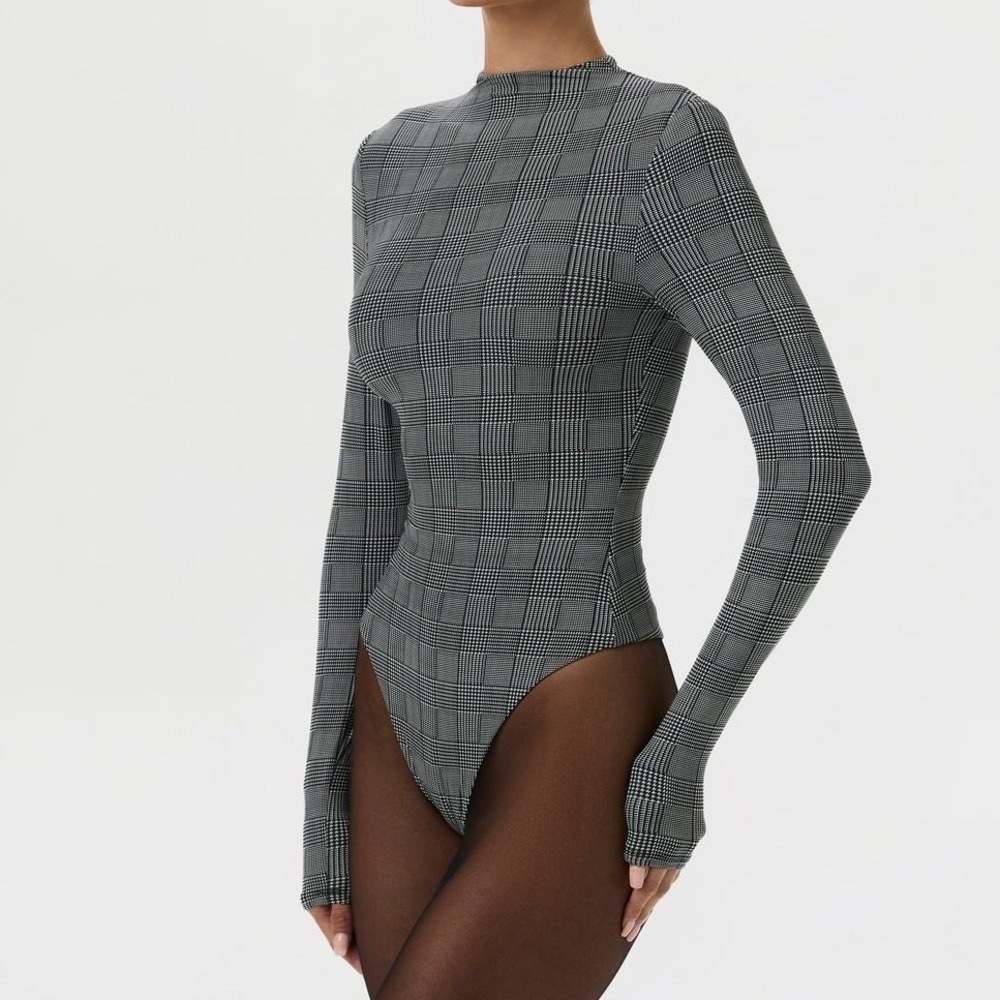 Naked Wardrobe Bodysuit Size Medium Grey Plaid Long Sleeve Mock Neck Academia